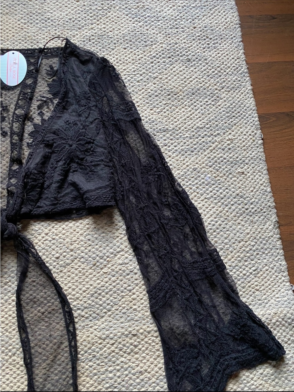 FAVLUX Black Lace Tie-Front Crop Top with Sheer Sleeves - Picture 4 of 5